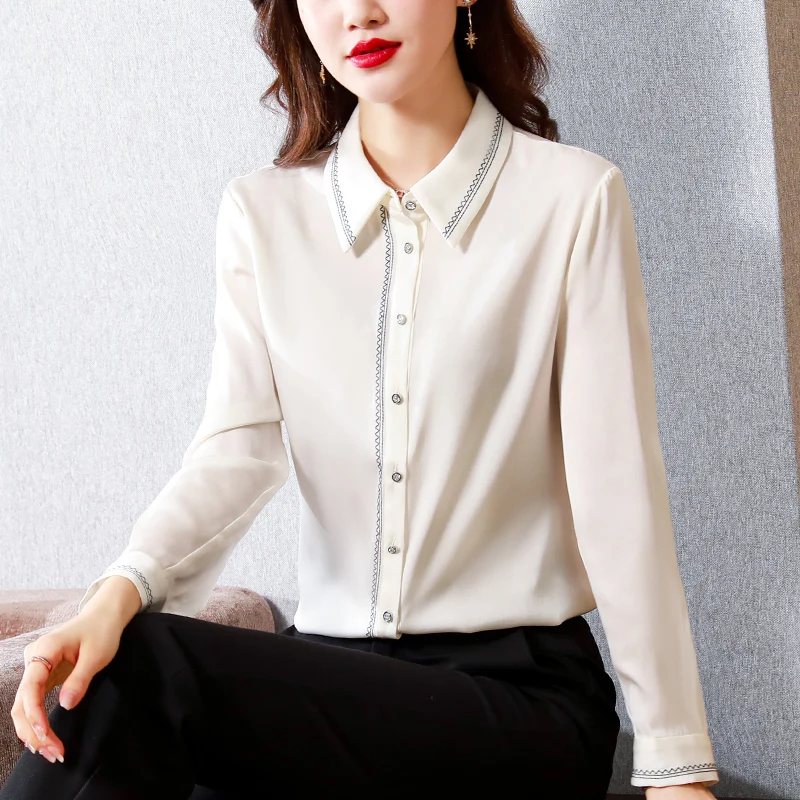 

Spring 2022 Women Clothing White Turn-down Collar Blended Shirt Korean Fashion Long-sleeved Tank Tops For Office Lady