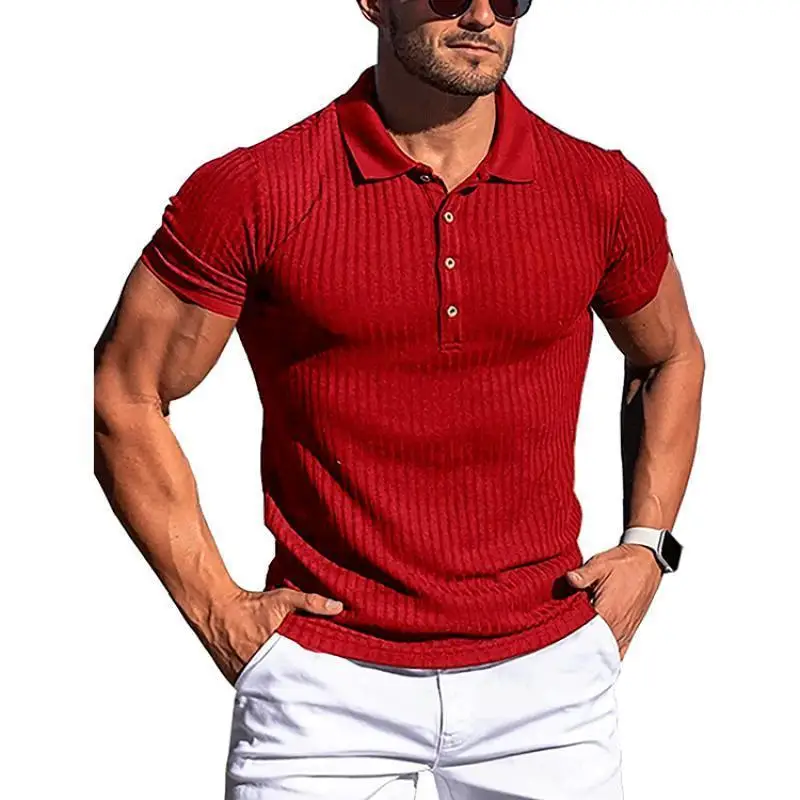 

Summer Men Fashion Stand Collar Shirts Fashion Men's Polo Solid Color Stripe Fitness Breathable Short Sleeve Polo Shirts