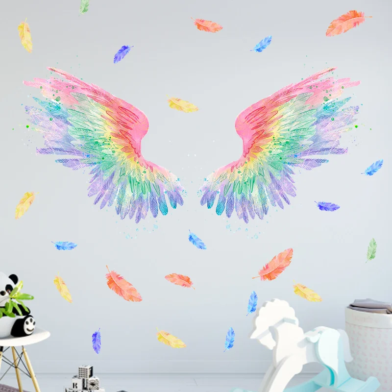 

Colorful Feather Wall Stickers Color Angel Wings Wall Sticker Stylish Flat Wall Sticker Printed Diy PVC Poster Home Decoration