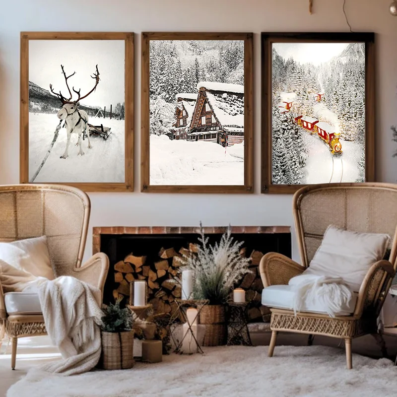 Зимний снежный лес морозный лось Рождественская настенная живопись дом