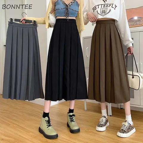 Pleated Skirts Women Temperament Long Prevalent Solid Minimalist Lovely Empire Autumn School Girls Leisure Popular Ins All-match