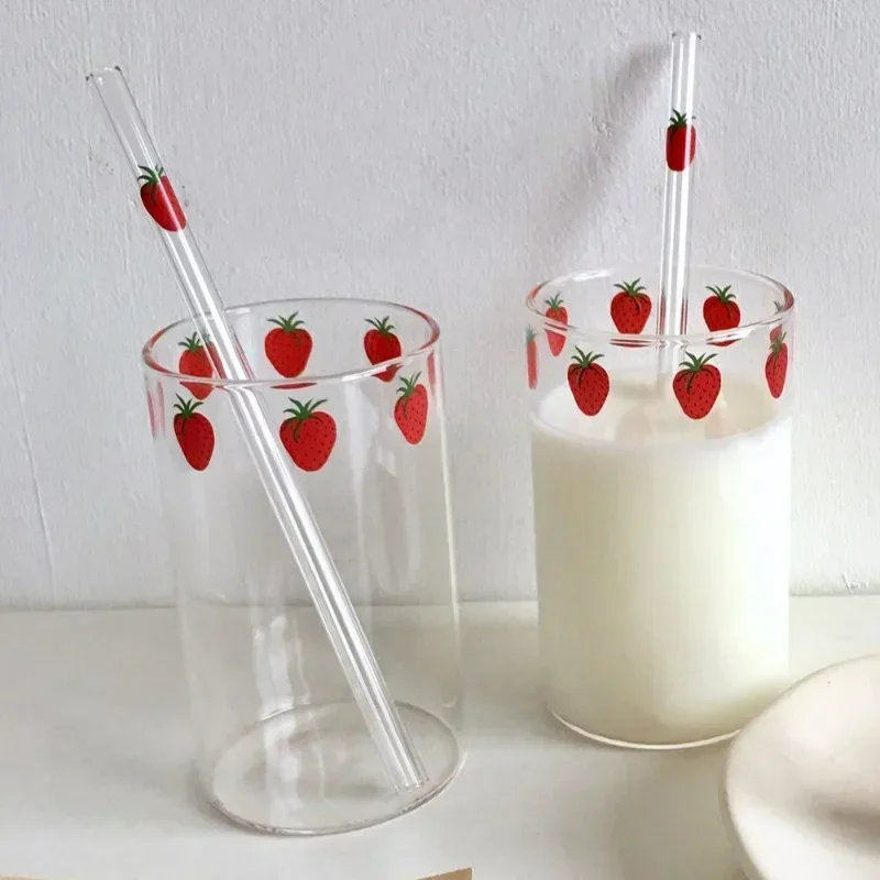 300ml Strawberry Cute Glass Cup With Straw Creative Transparent Water Student Milk Heat Resistant Nana
