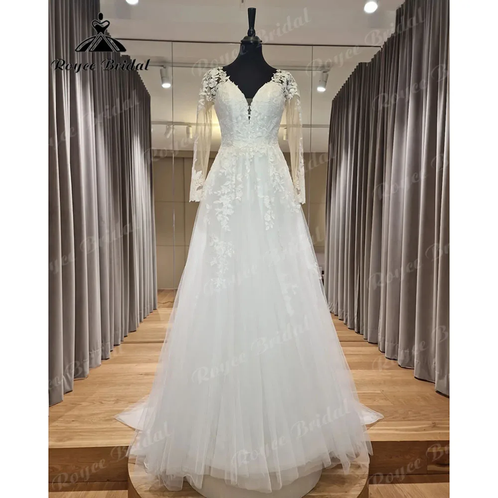 

Винтажные летние кружевные аппликации свадебное платье с длинным рукавом с V-образным вырезом и открытой спиной 2023 свадебное платье на заказ suknia slubna Roycebridal