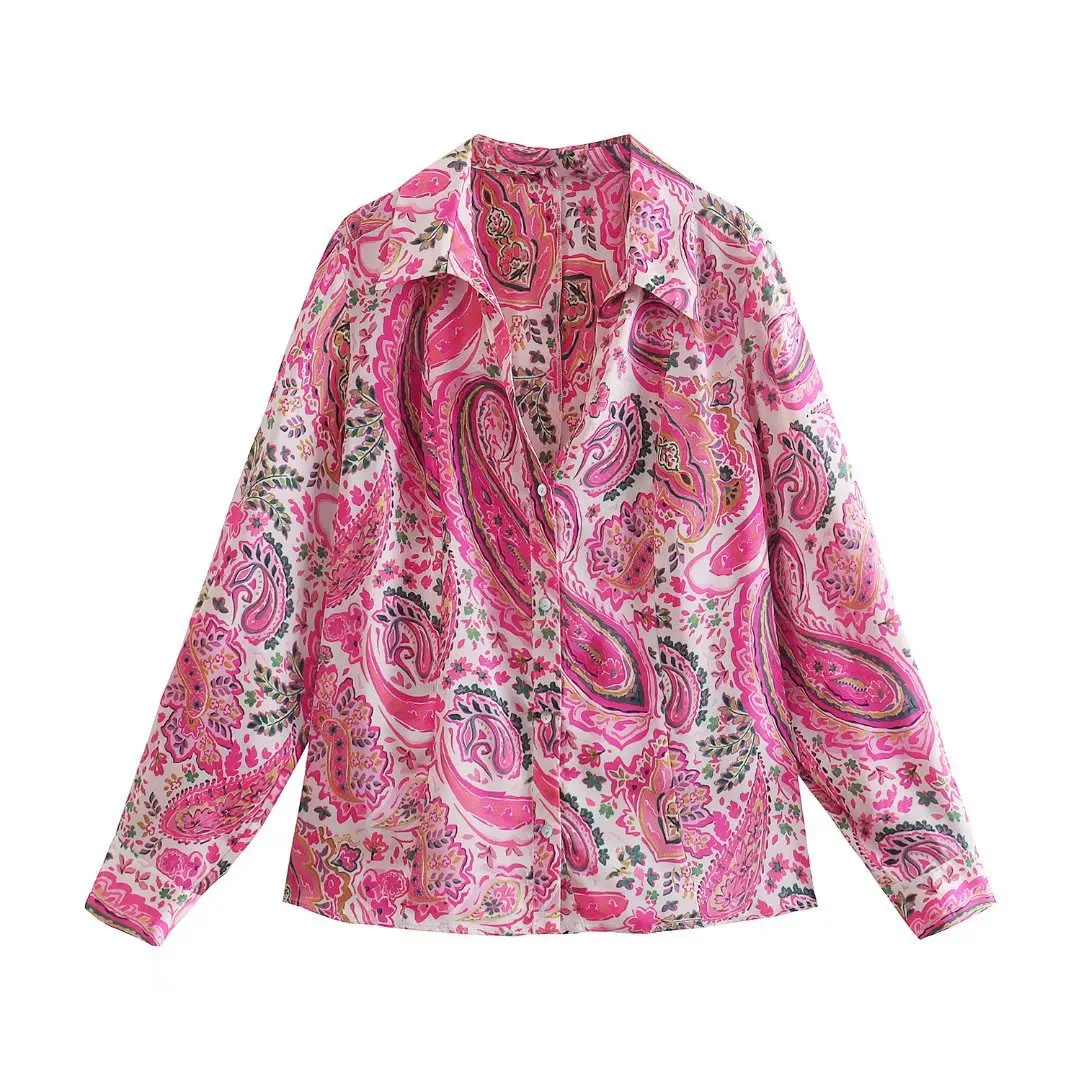 

Loose Pink Fashion Flower Print Satin Ladies Shirts Women Blouses Spring Autumn Vintage new Long Sleeve Shirts Tops Blusas Mujer