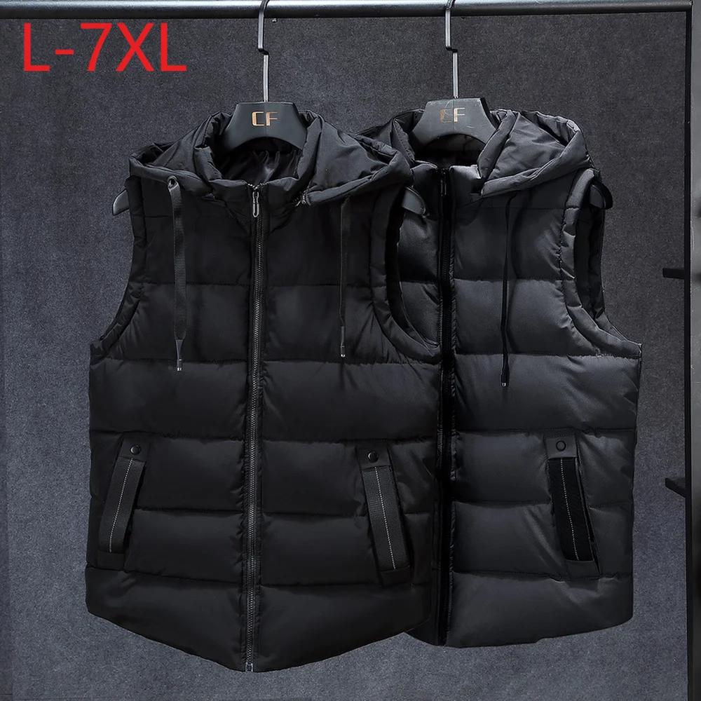 New Stylish Winter Men Plus Large Size 7XL Vest Hat Detachable Sleeveless Jackets Thick Parka for Men Unisex Waistcoat Unloading