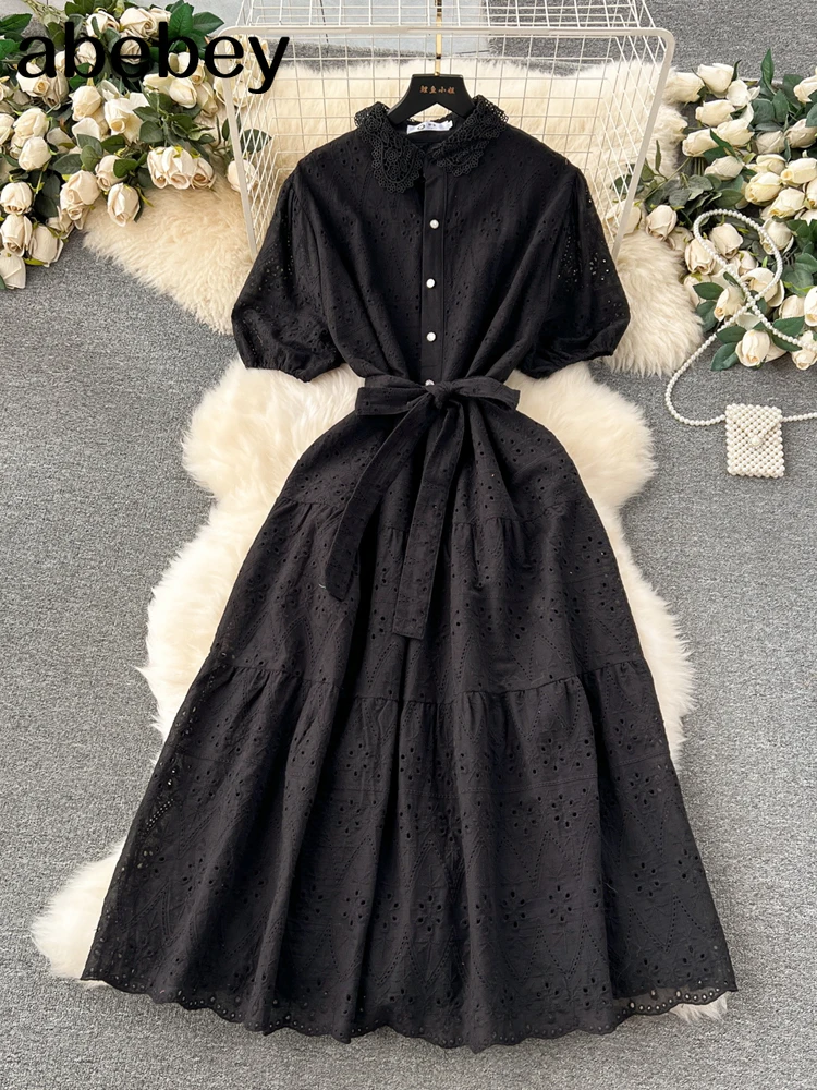 Женское платье-миди с V-образным вырезом коротким рукавом-фонариком и высокой