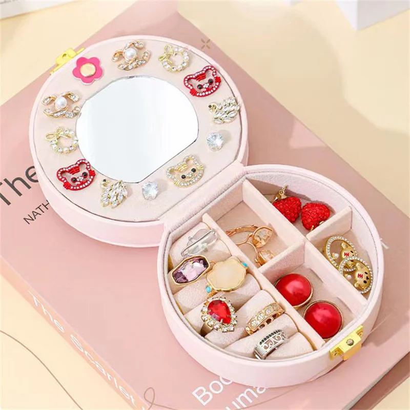 Luxury Double Leather Jewelry Storage Box Round Portable Bracelet With Mirror Earrings Ring Jewelry Case Jewelry Organizer