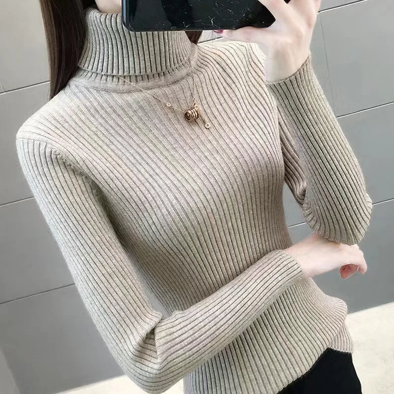 

Вязаный пуловер, женский осенне-зимний новый корейский модный однотонный облегающий плотный вязаный свитер с высоким воротником, Топ