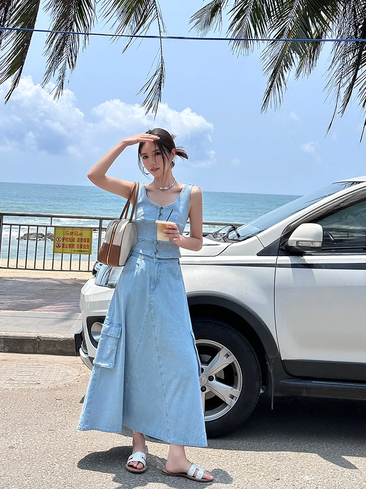 Женская одежда 2024 облегающий джинсовый жилет трапециевидная Новинка весна-лето