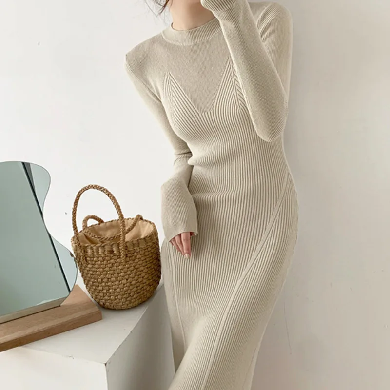 

Kio O-neck Slim Sweaters Dress for Women 2022 Autumn Winter Knitted Vestidos Femme Full Sleeve Midi Female Dress
