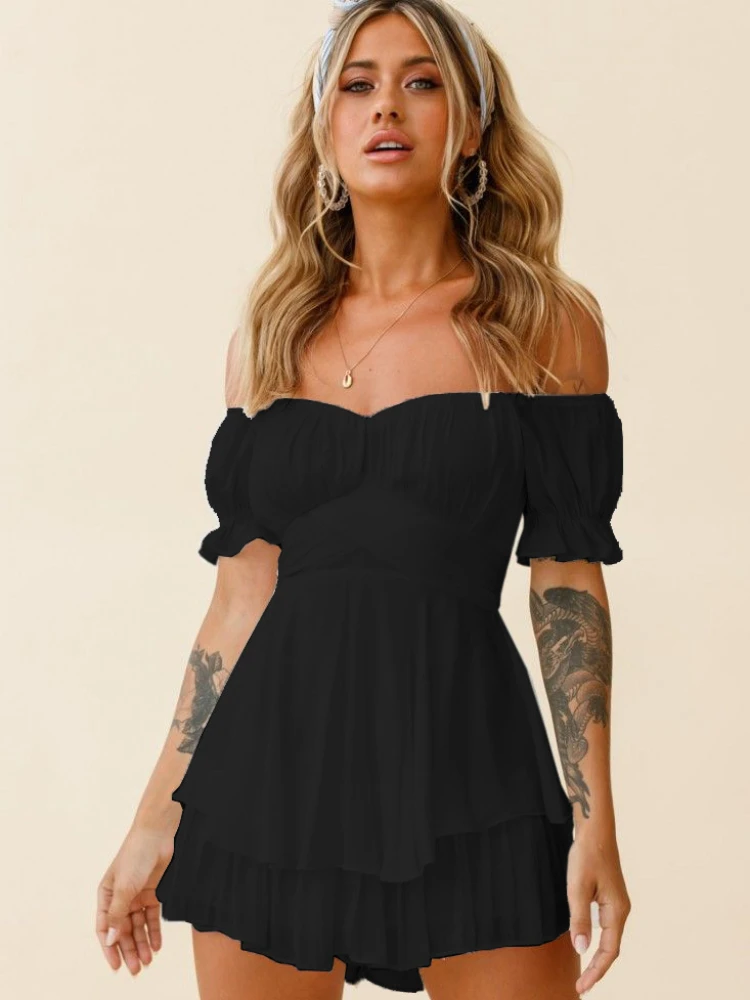 

Women Lantern Sleeve Off Shoulder Playsuit Spring Summer Streetwear Casual Fashion Sexy Solid Loose Romper 2023 New