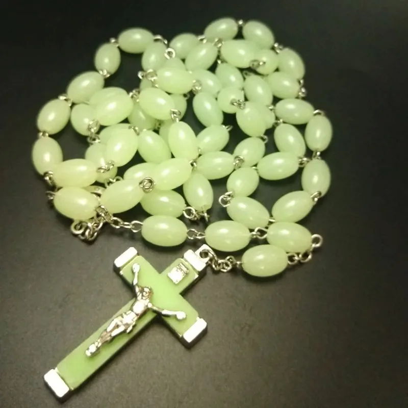 

Wholesale Religious Jewelry Acrylic Luminous Beads Catholic Cross Rice Bead Necklace Crucifix Pendant Rosary Necklace