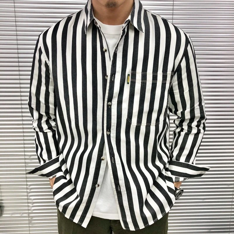

Men Clothing 2022 Japanese Casual Loose Long-sleeved Shirt Men's All-match Spring Trend Tooling Outside Wear Striped Shirt