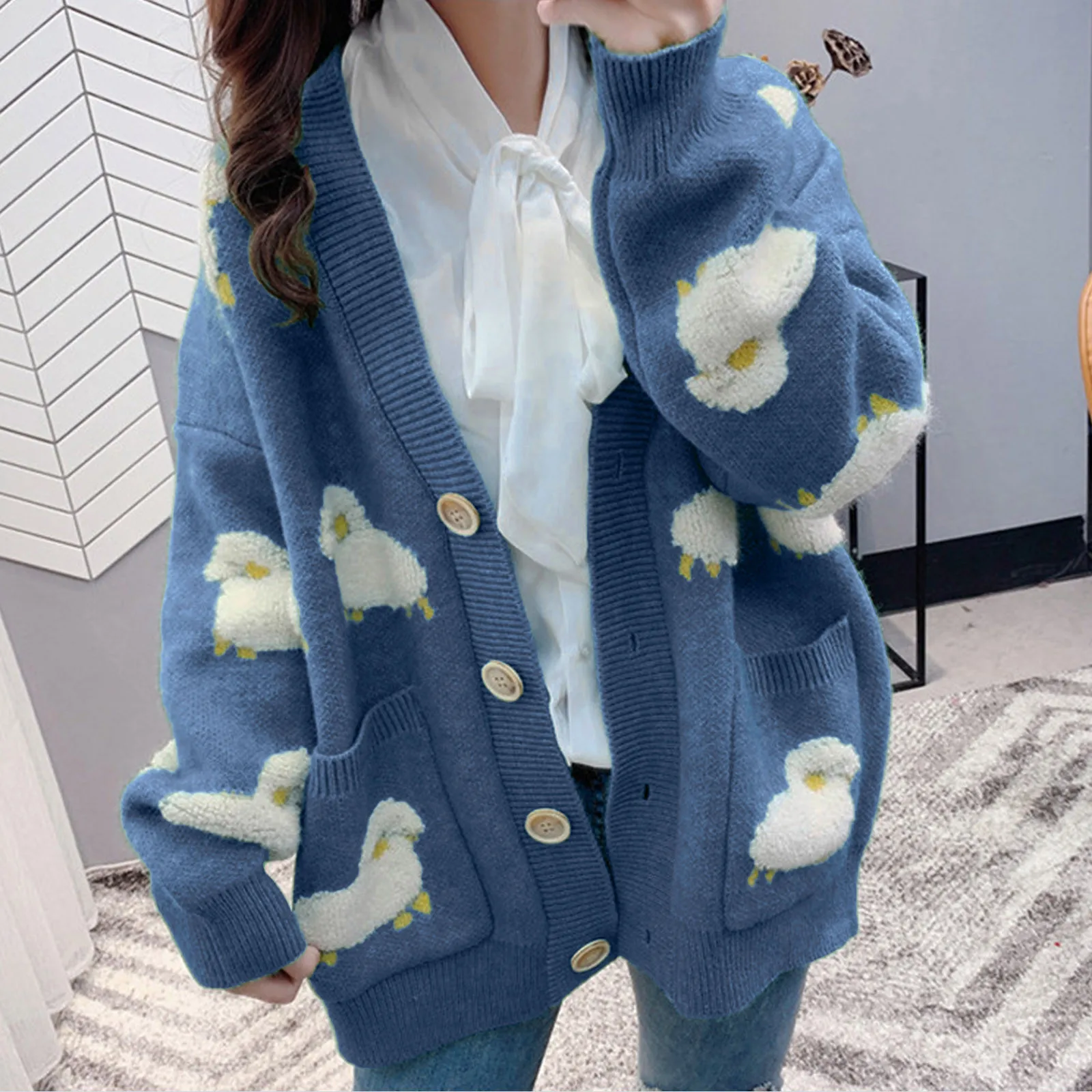 

2023 Autumn Winter Fashion Korean Style Women Casual Sweater and Cardigans Long Sleeve V-neck Button Up Loose Jacket Overcoat