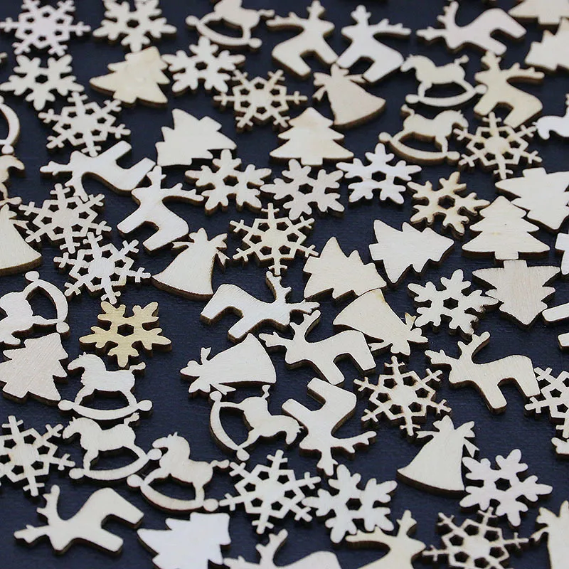 (100 Pcs/pack)Wooden Hanging Christmas Mini Decorations Semi-finished Hollowed-out Wooden Crafts Xmas Tree Hanging Gift Tags