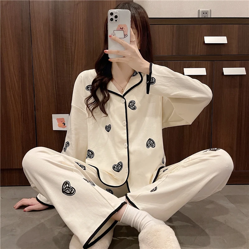 Spring Autumn Pajamas Set for Women Thin Cotton Fashion Print  Women Long Sleepwear Suit Home Clothes Women Female Sleepwear