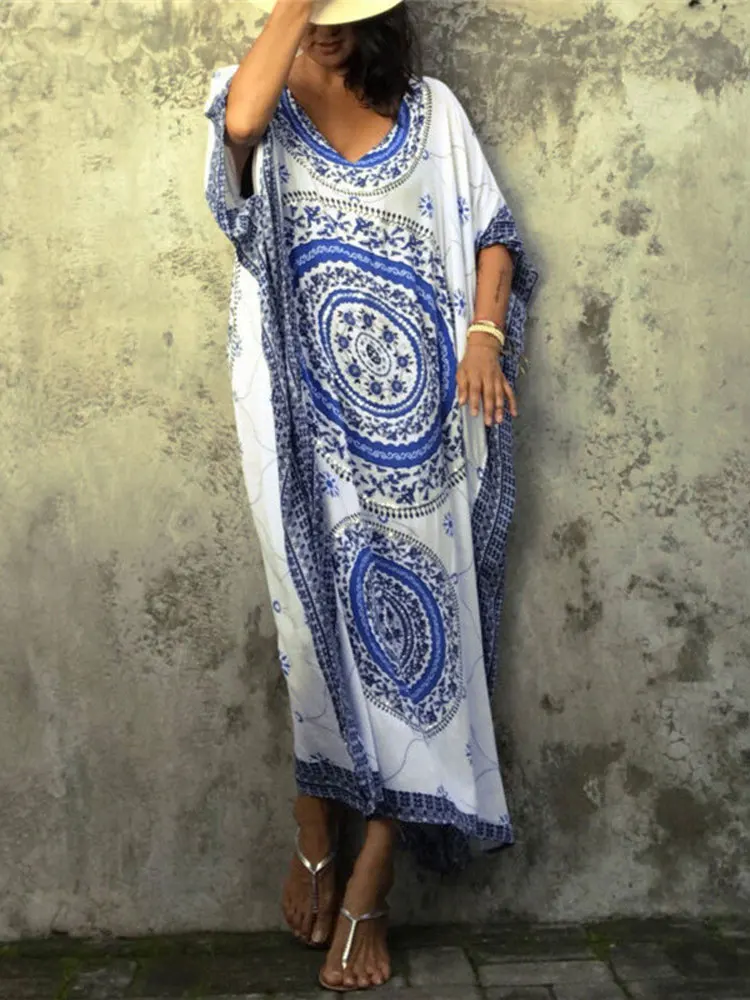 

Oversize Indie Folk Printed Caftan Beach Dress Side Split Half Sleeve Women Summer Beachwear Long Cotton Robe de plage Q394