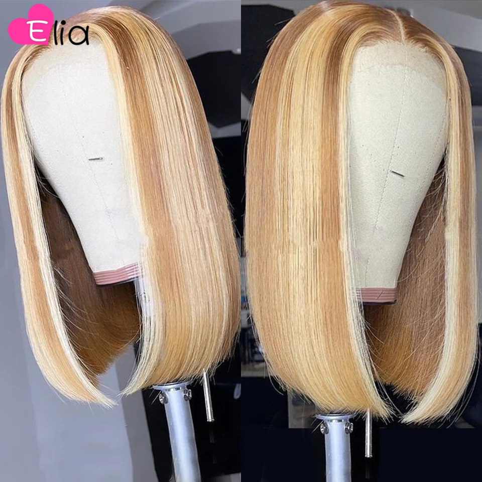 Transparent 13x6 Lace Frontal Human Hair Wig Light Highlights 27 Straight Bob Wig Short Bob Human Hair Wigs for Black Women 8-16