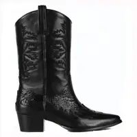 FootCourt- Black Women Cowboy Boots Genuine Exotic Print Leather Pointed Toe Vintage Retro Boots Handcrafted Shoes New Season