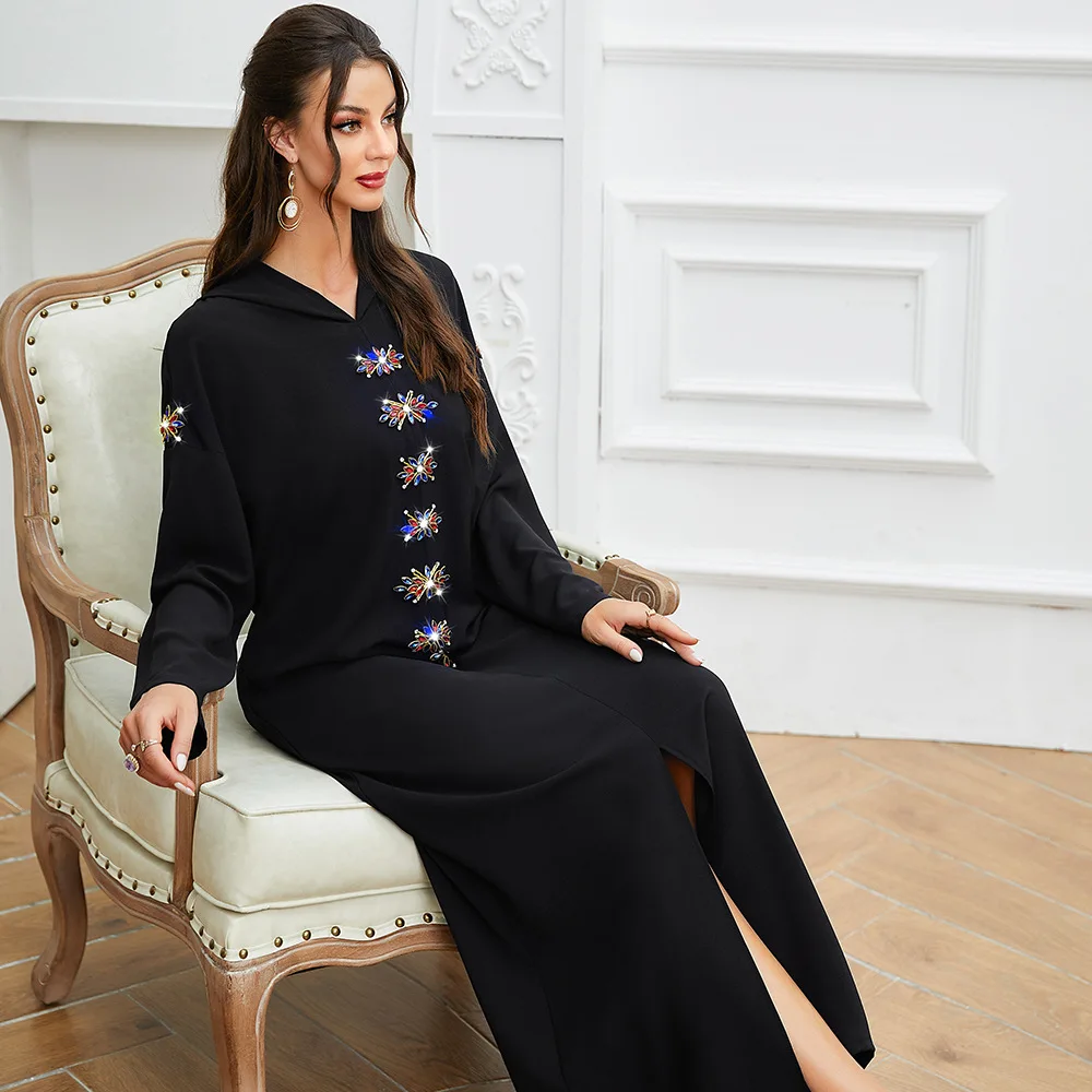 Black Abayas For Women Diamonds Hooded Robe Middle East Arabic Ramadan Abaya Muslim Dress Robe Femme Musulmane