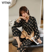 yftnh silk pajamas sets for womens sleepwear outfits fashion printing long sleeve night shirts and pants suit soft homewear