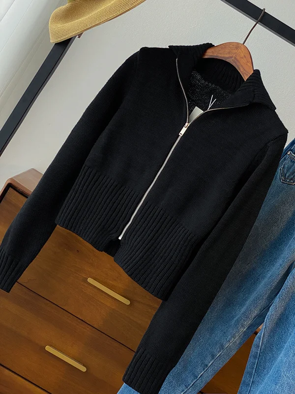 

2022 Autumn New Women's Chic Zipper Sweater Female Lapel Knit Cardigan Slim All-match Crop Knitwear Coat Jumper Mujer