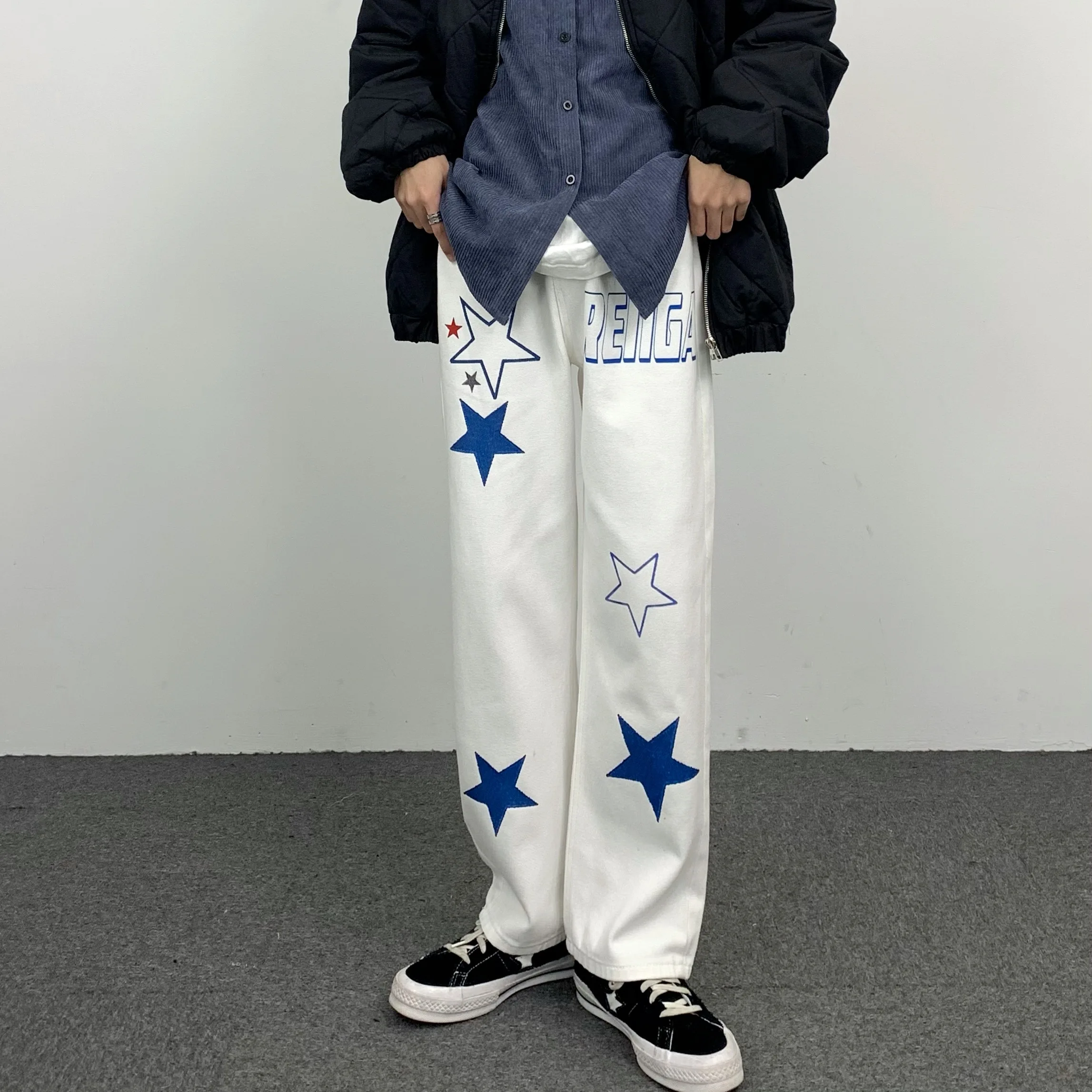 Four Seasons Men's Jeans Ins American Hip Hop Blue Pentagram Casual Loose Men and Women Trousers Y2k Pants Ins Hot Selling Jeans