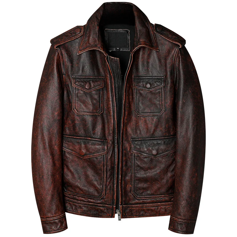 

Мужская винтажная коричневая весенняя куртка в стиле сафари, тонкая осенняя куртка из натуральной воловьей кожи размером 4XL