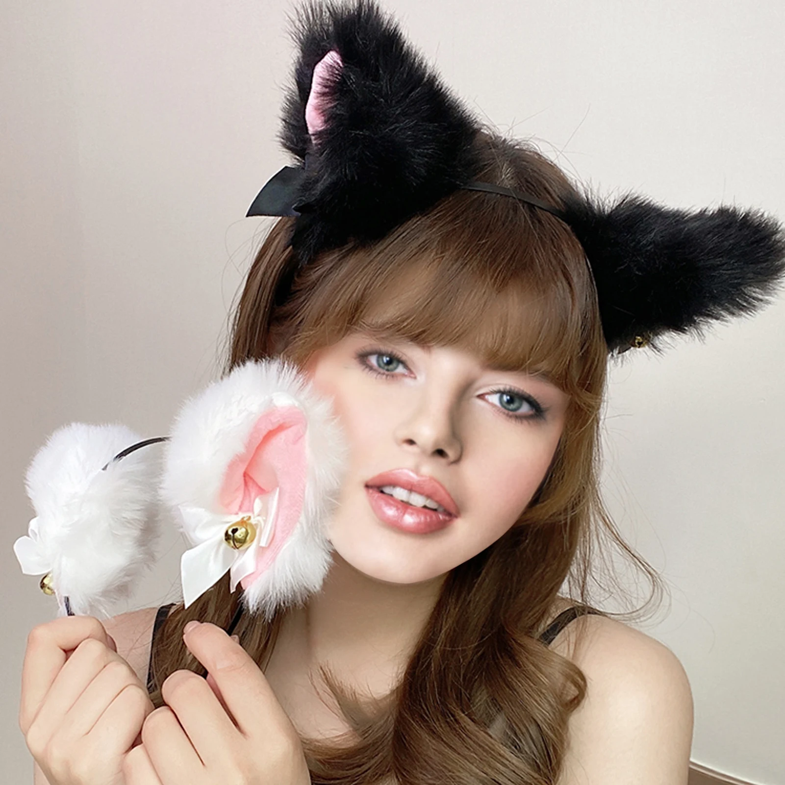 

Повязка на голову с бантом и кошачьими ушками, ожерелье для косплея, плюшевый повязка на голову с кроличьими ушками и колокольчиком, Женский...