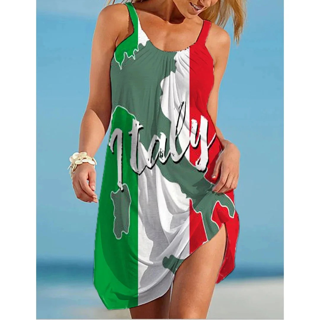 

Italy Flag Dress Women Fashion Beach Strap Dress Bohemian Sleeveless Midi Dresses Party Evening Elegant Sundress Portugal 2023