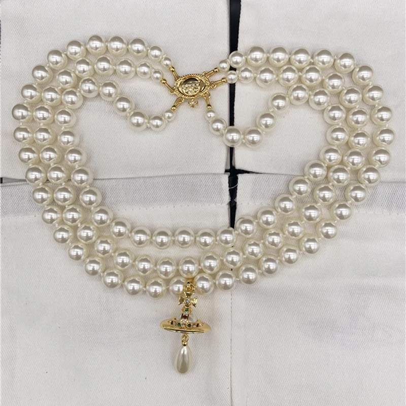 

Vivienne Three-layer pearl Saturn 3D planet pendant Necklace For Women Pop Jewelry NANA Punk Ins Same Necklaces Girlfriend Gift