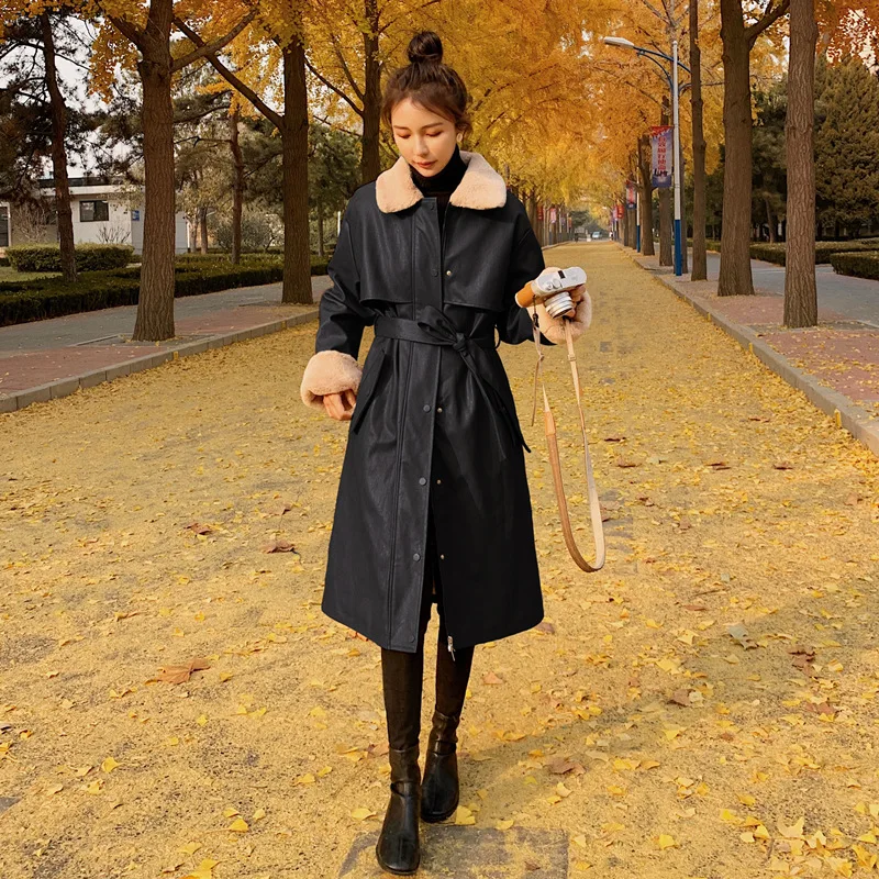 Winter Motorcycle Coat Lamb Wool Parker Cotton Coat Cashmere Thickened Leather Coat Women