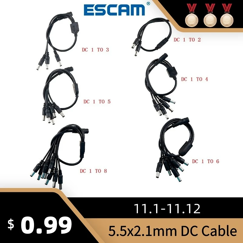 DC Power Jack 5.5x2.1mm DC Power Cable 1 Female to 2,3,4,5,6,8 Male Plug Splitter Adapter for Security CCTV Camera and LED Strip