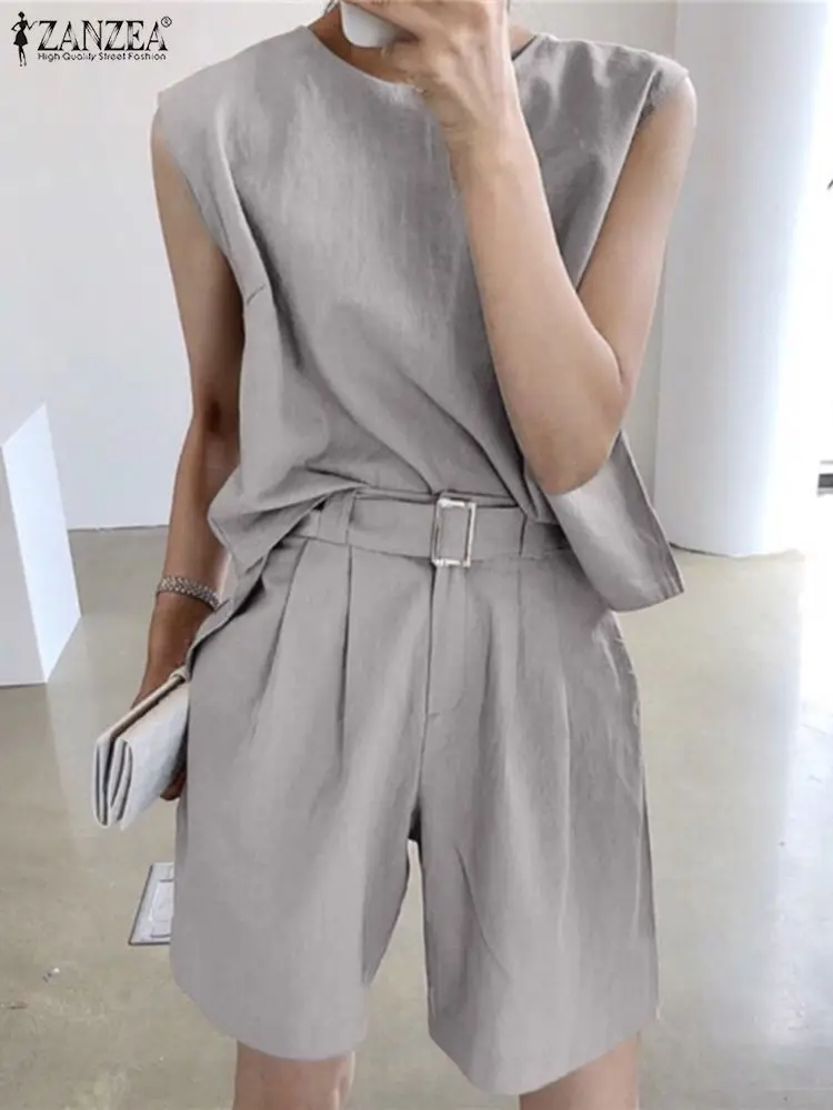 2022 Summer Loose Shorts Sets Casual Solid Outfits Matchin Sets Oversized Streetwears ZANZEA Women Sleeveless Tops Belted Shorts