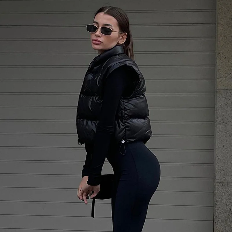 High Wiast Slim Short Women Warm Parkas Removable Long Sleeve Vest Jacket Autumn Winter Solid Color Zipper Casual Outwears New