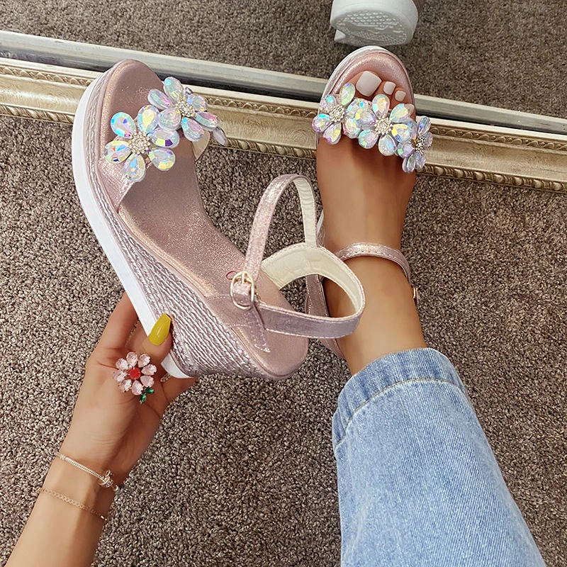

Women Rhinestone Wedges Platform Party Shoes Female Fashion Flower Open Toe Sandals Dress Silver Sandals Women's High Heels