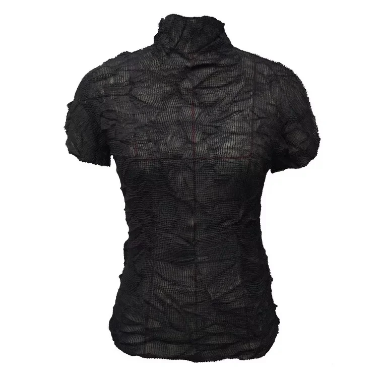 Летняя плиссированная футболка с коротким рукавом и полупрозрачной текстурой Y2K