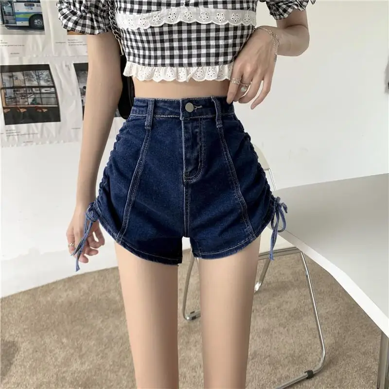 Women Denim Vintage Summer Basic Simple All-match High Waisted Drawstring Denim Shorts Leisure Ulzzang Ladies Streetwear Chic