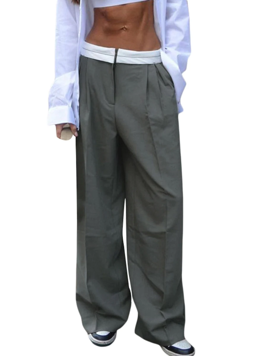 

Women Wide Leg Pants Vintage Low Waist Patchwork Zipper Closure Loose Casual Street Trousers
