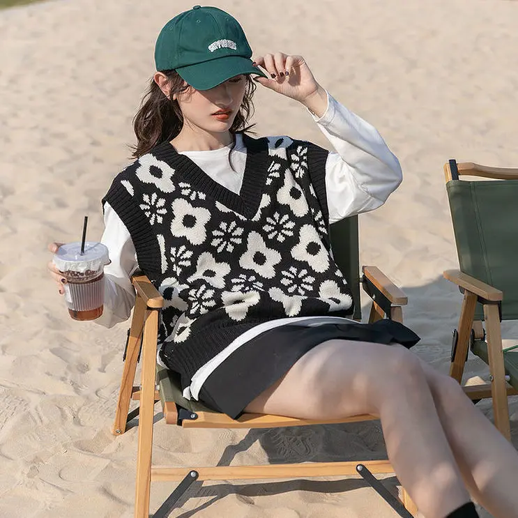 Women Knitted Vest Korean Style Sweater Unif Waistcoat Top Pullovers Waistcoats Sleeveless Simple All-match Female Jumper |