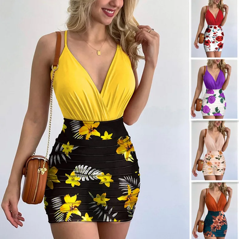 

Sexy Women Dress Two Piece Sets spaghetti Strap V-neck Bodysuits Floral Mini Pencil Skirts Bodycon Summer Outfits Dresses 2XL
