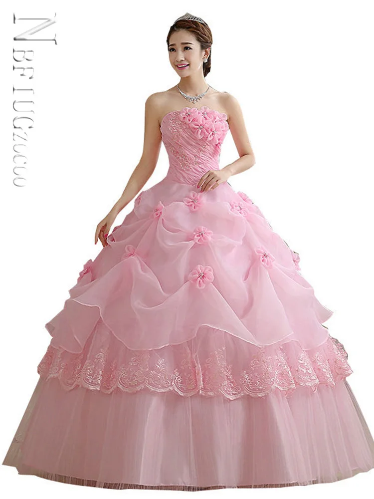 

Pink Bride Wedding Dress Lace Up Tube Top Floor-length Wedding Dresses Plus Size Flower Dresses Ball Gowns