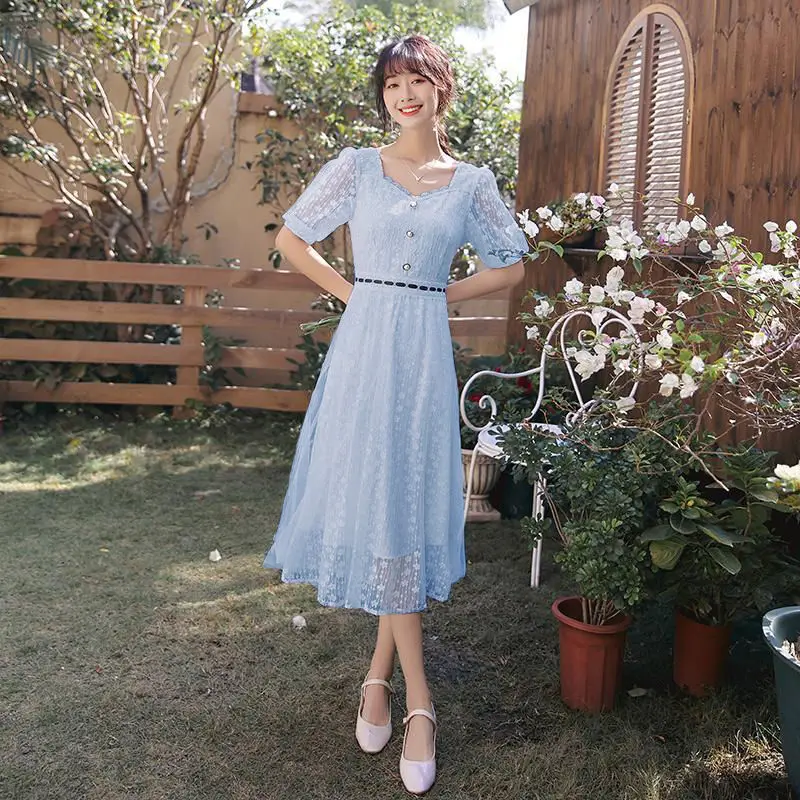 

Платье-миди женское летнее с квадратным вырезом и рукавами-фонариками