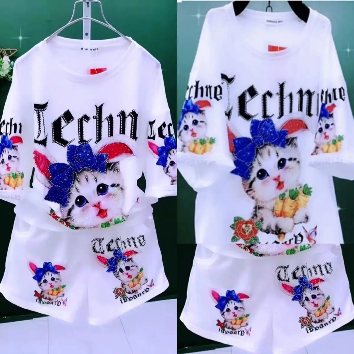 

Summer Kawaii Anime Women'S Oversized T-Shirts Fashion Y2K Hot Drill Kitten Pattern Tees Tops High Street Short Sleeve T Shirts
