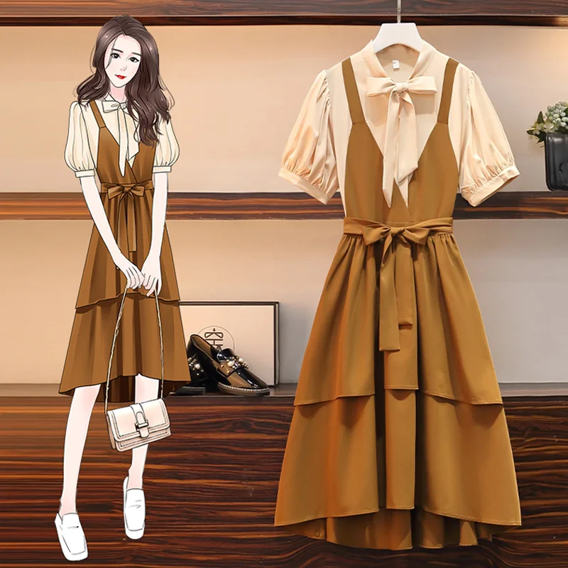 

Платье женское средней длины с бантом, длинный повседневный элегантный желтый сарафан в стиле пэчворк, с коротким рукавом, в стиле пэчворк, большие размеры 4XL, весна-лето