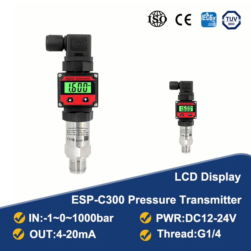 

Датчик давления с ЖК-дисплеем ESP-C300, 4-20 мА, 1-0-1000 бар