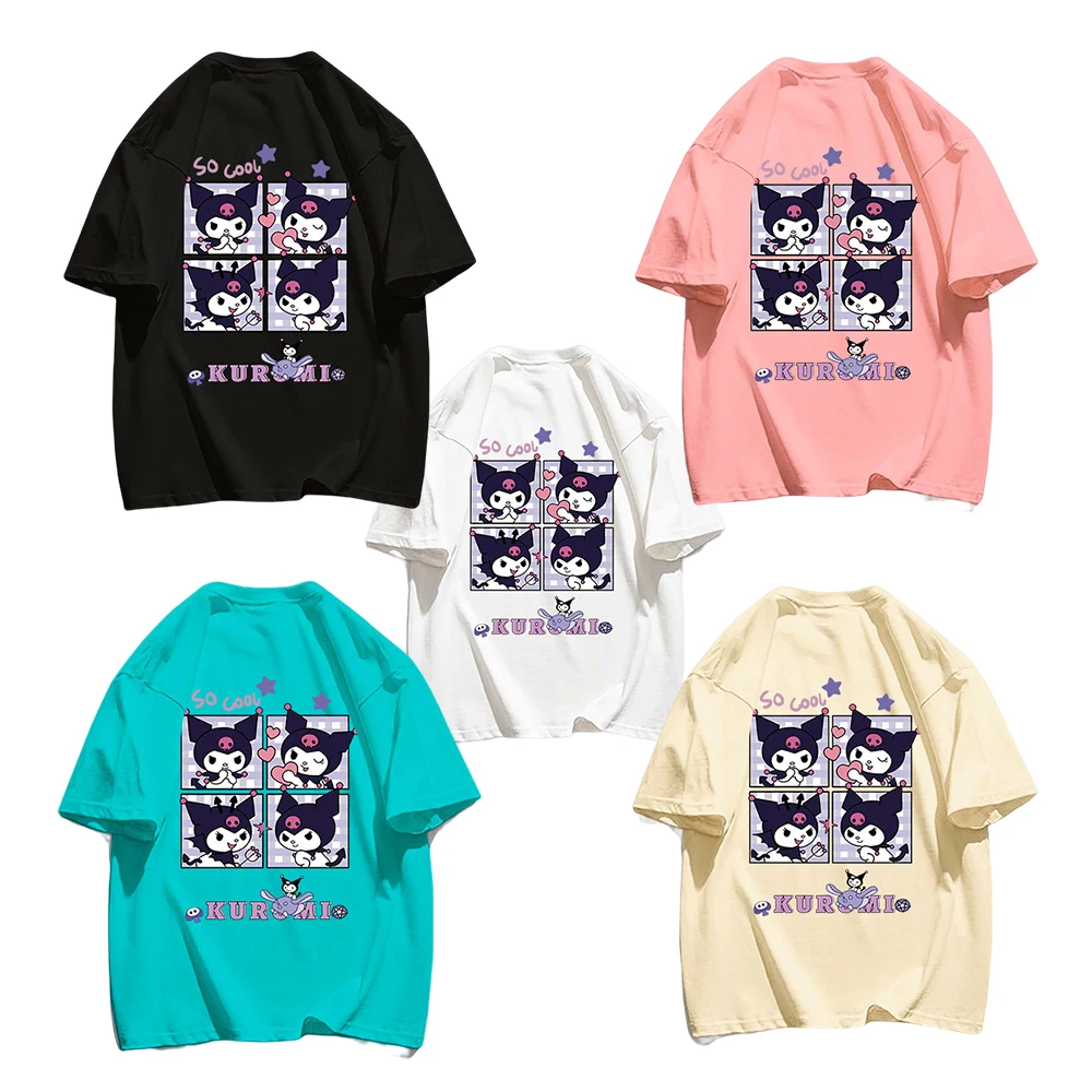 

Футболка детская с коротким рукавом, милая свободная Удобная рубашка с принтом Sanrio Kuromi, с героями мультфильмов аниме, для студентов и девушек, подарок