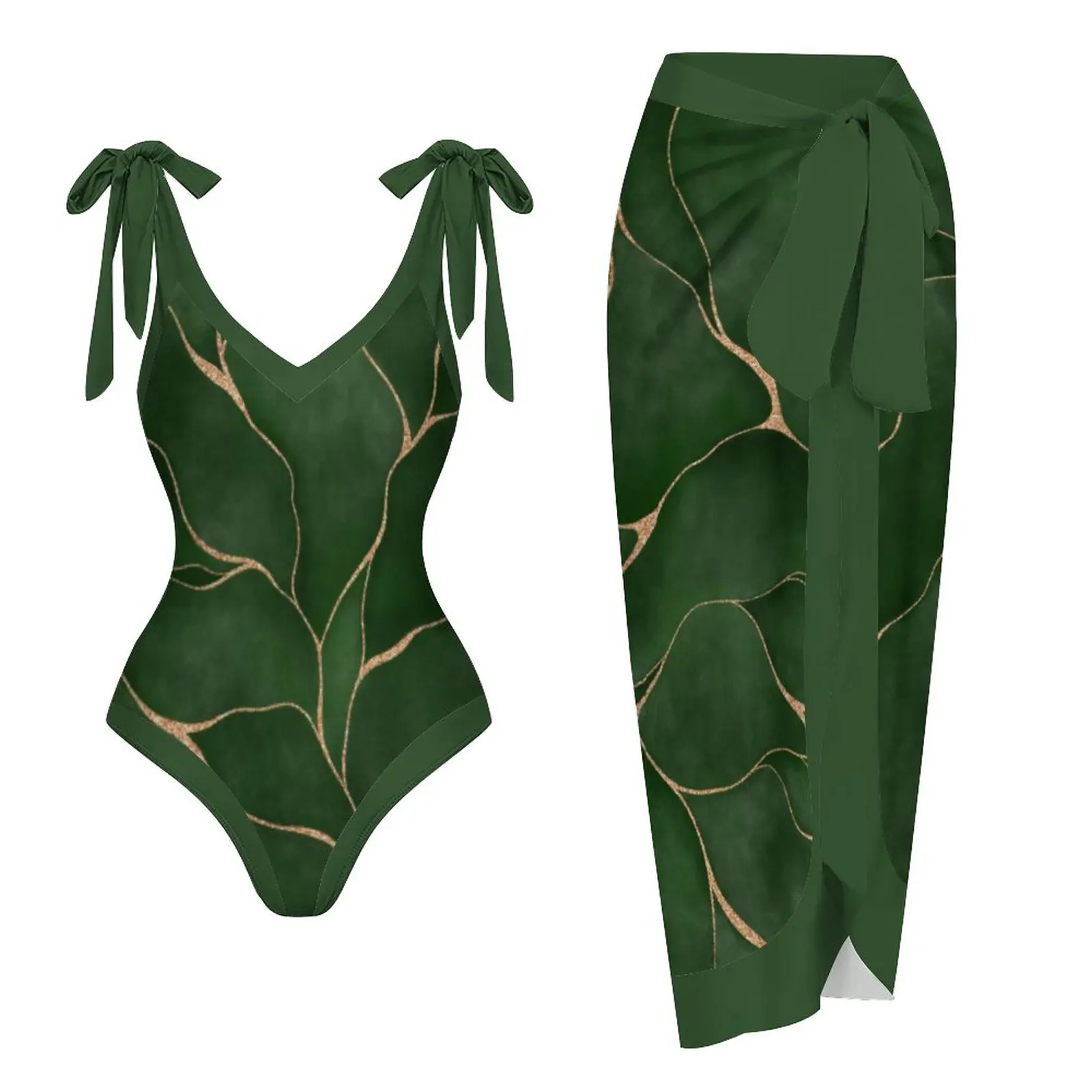 

Green Print One Piece Women Swimsuit Sexy V-Neck Halter Bowknot Strap Beachwear 2023 Summer Monokini Tummy Control Bathing Suit