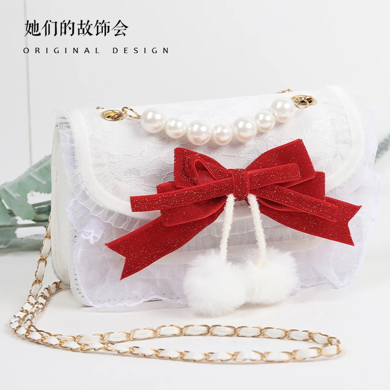 

Female joker Lolita bag handbag and lovely sweet bowknot pearl chain inclined shoulder bag