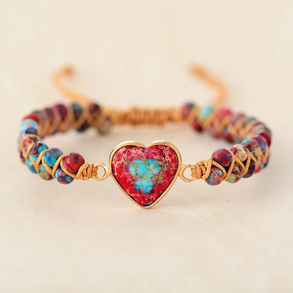 

Natural Stone Heart Charm Bracelets String Braided Macrame Bracelets Jaspers Friendship Wrap Bracelet Femme Women Jewelry